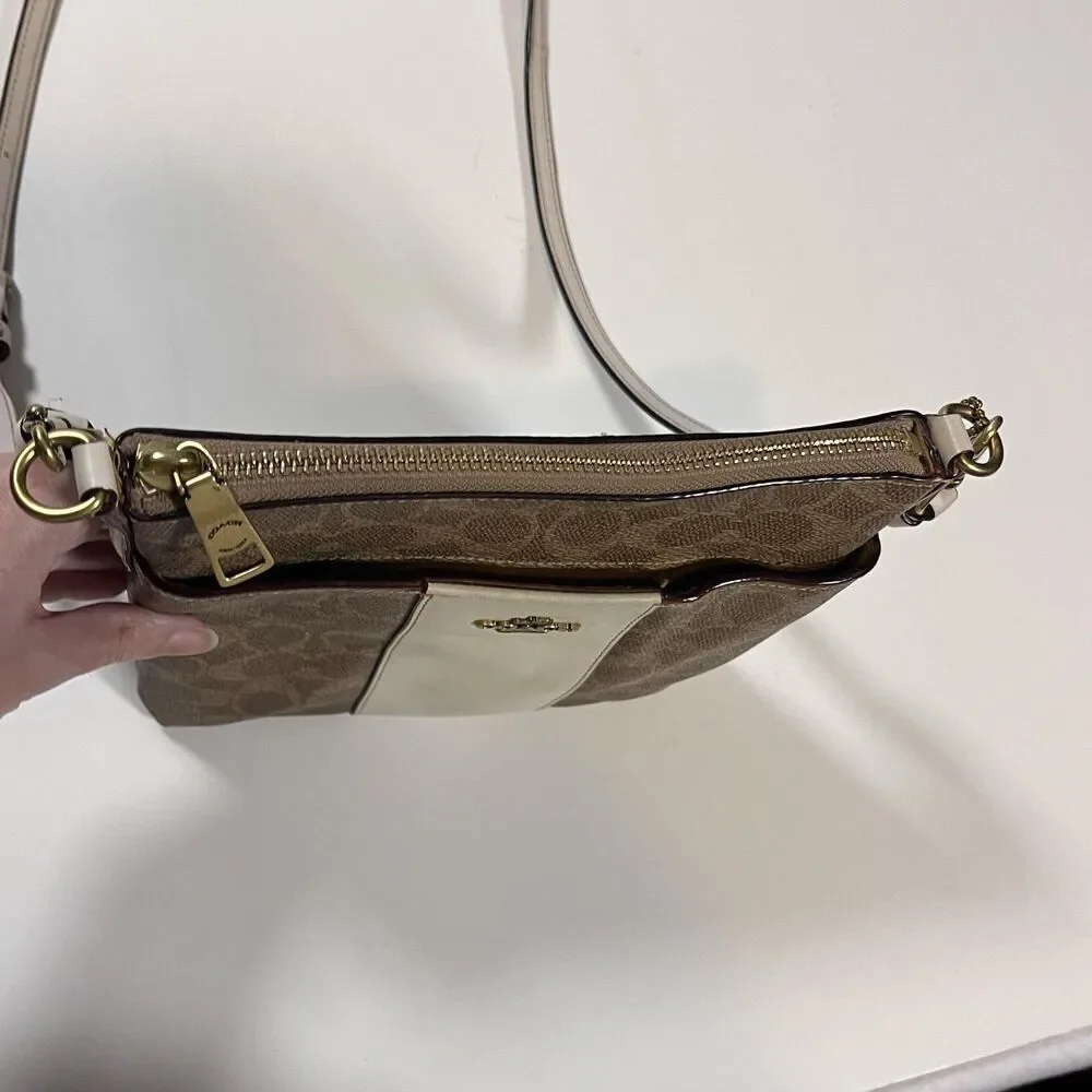 Coach Signature Stripe Crossbody Bag Womens Small Brown Cream Leather Purse
